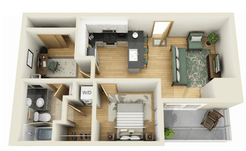 Floor plan for 2 beds, 1 bath, 615 sqft